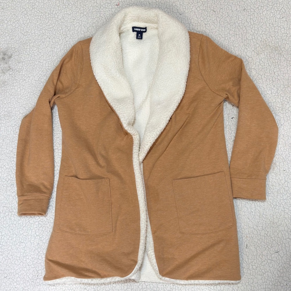 Lands End Cardigan Robe Womens M Tan Sherpa Lined Open Front Cozy Coastal